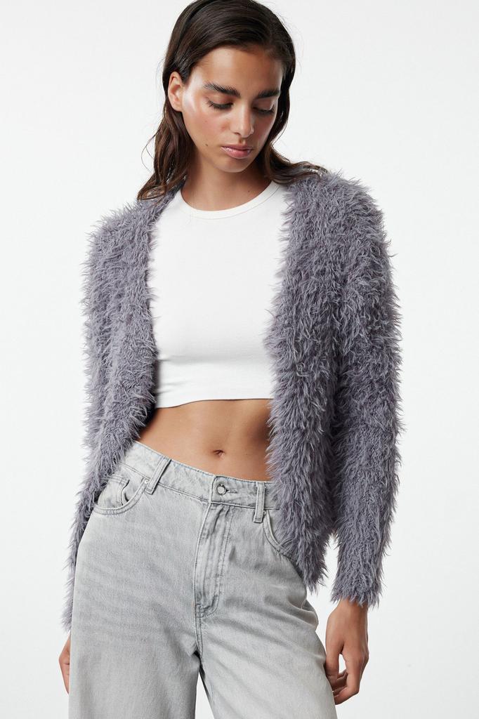 Women's Fashionable Stylish Cardigan Stone Soft Textured Furry Coat Look Knitwear Cardigan