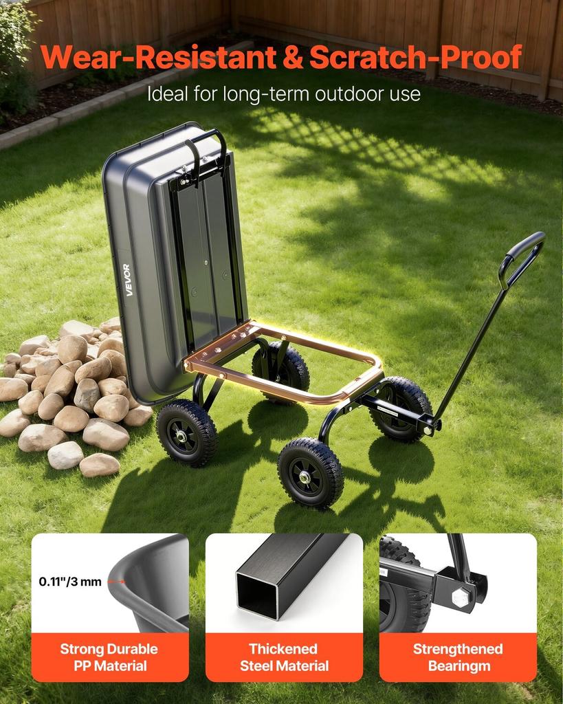 Garden Dump Cart, 181 kg Poly Dump Cart, Garden Carts Dumps Wagon with 90° Quick-Dumps Mechanism, 180° Swivel Wheels, 270° Flexible Rotating Bearings,