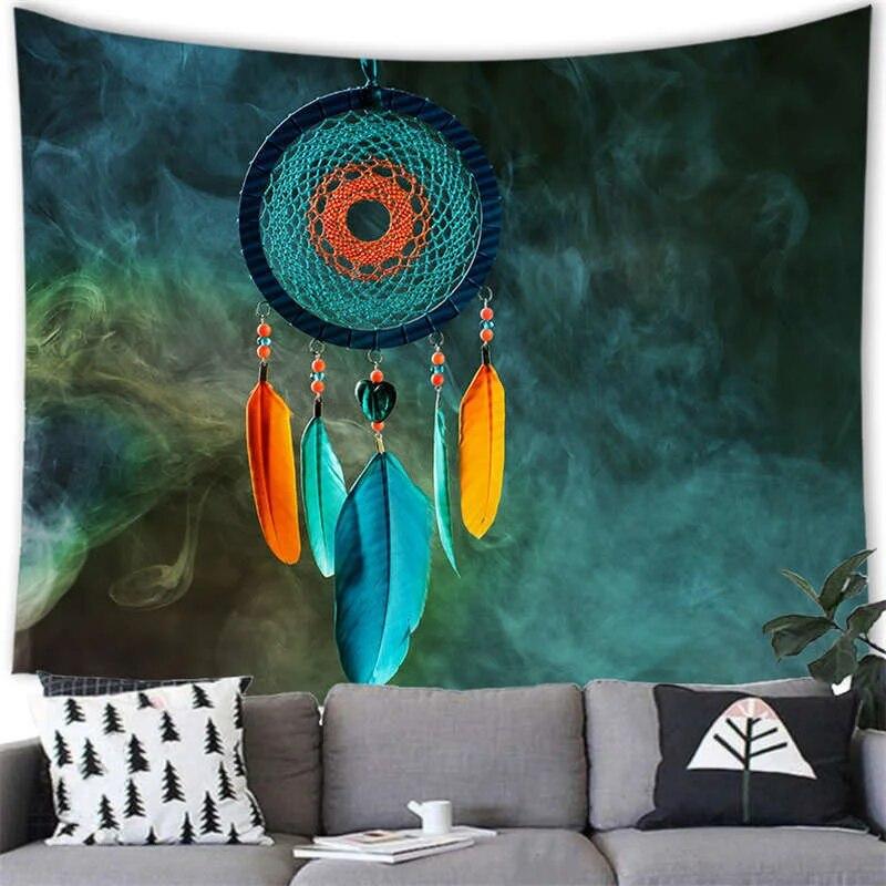Богемный гобелен «Ловец снов» с психоделическим пером, мистический декор, настенный ковер в стиле хиппи для спальни, пляжное полотенце, домашний декор