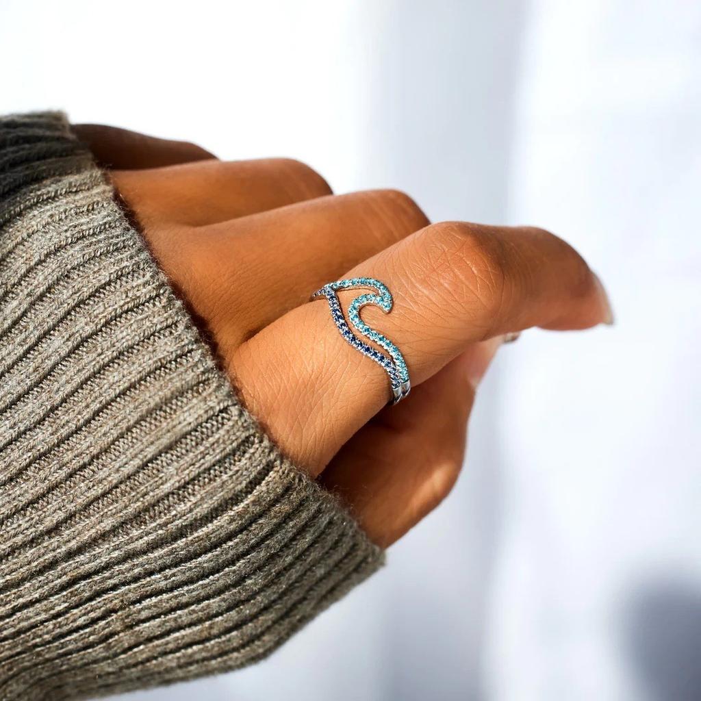 Cubic Zirconia Blue Double Wave Ring Simple Design Sea Wave Adjustable Rings Trendy Ocean Surf Jewelry Gift Wholesale