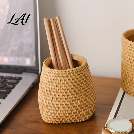 Resin Pen Holder Faux Rattan Holder Woven Style Makeup Brush Boho Desktop Organizer Multi-functional Pencil Cup for Home Office