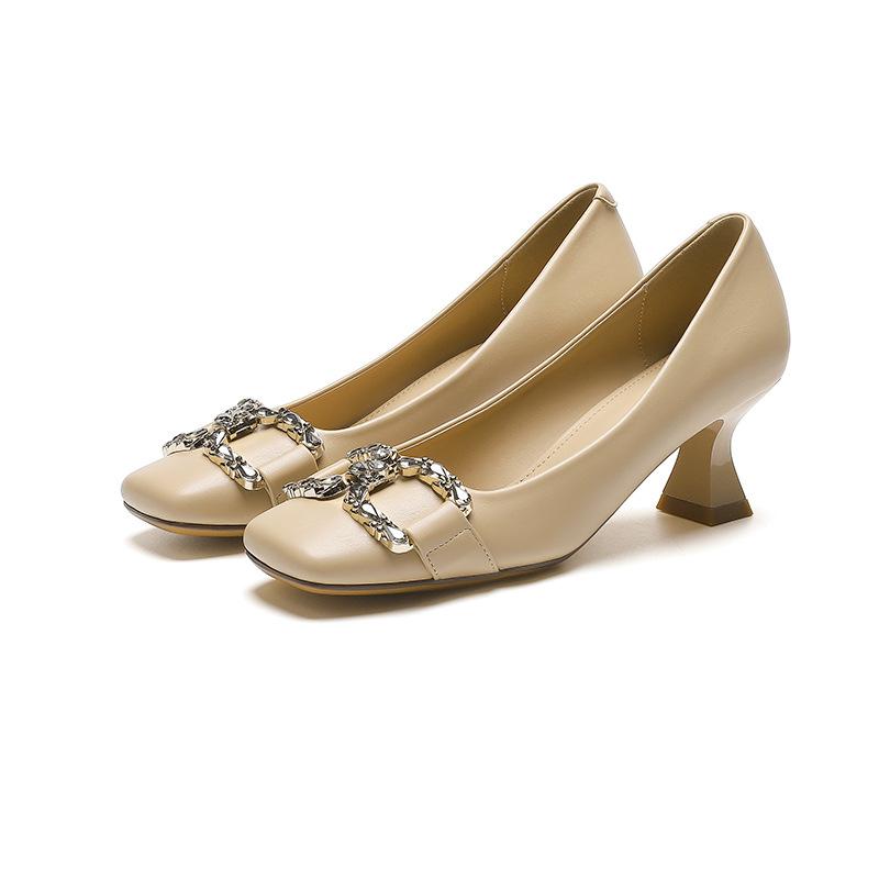French square head thin heel single shoes spring and autumn new comfortable metal buckle fashion high heels women