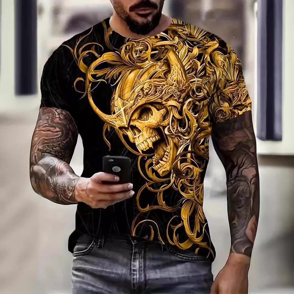 Summer Round Neck 3D Skull Pattern Print Top Fashionable Casual Short Sleeved Men's T-shirts