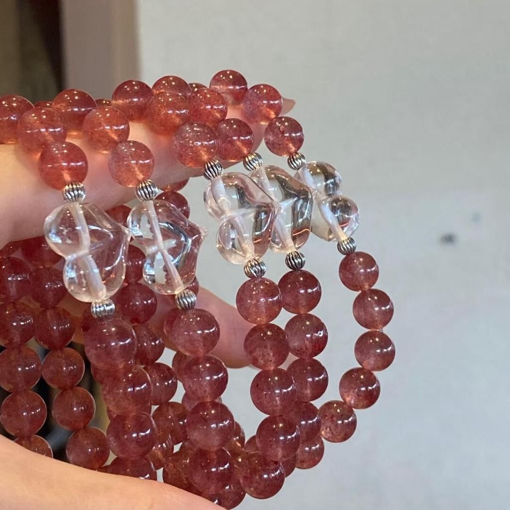 New original natural strawberry crystal single-loop bracelet with white crystal heart pendant for women, niche design