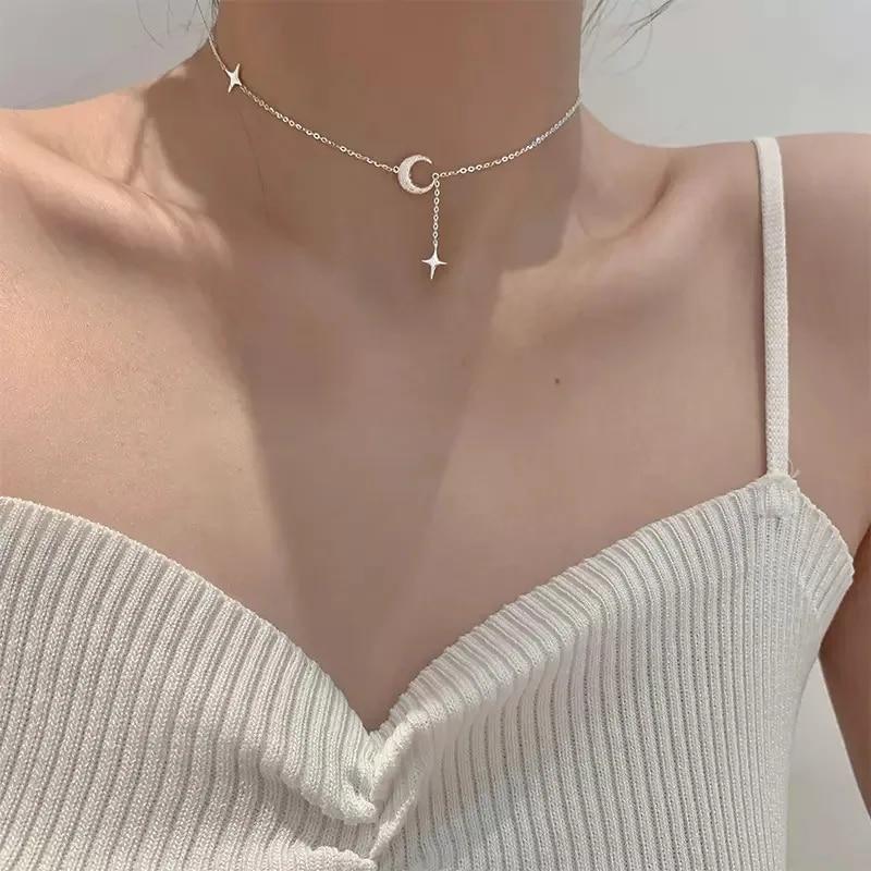 Популярное модное ожерелье с луной и звездой, кулон-цепочка геометрической формы для женщин, изысканные аксессуары