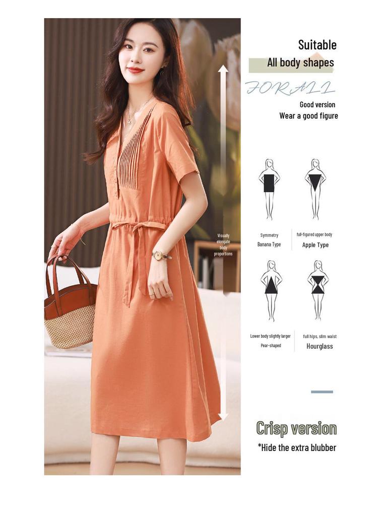 Летнее платье миди с V-образным вырезом, приталенное, из хлопка и льна, для женщин среднего возраста, 2025