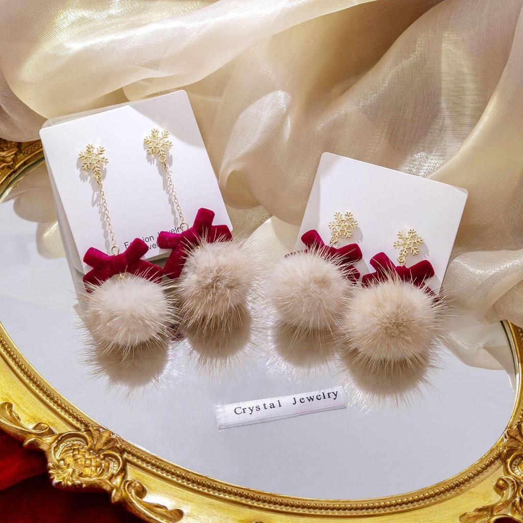 925 Silver Snowflake Tassel Earrings with Wine Red Bow