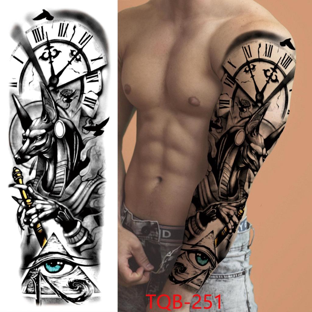 New 1 PC 480*170MM Super Large Compass Wolf Head Eye Fake Lion God Feather Temporary Tattoo Sleeves For Men Women Tattoo Full Arm Tattoo Sticker
