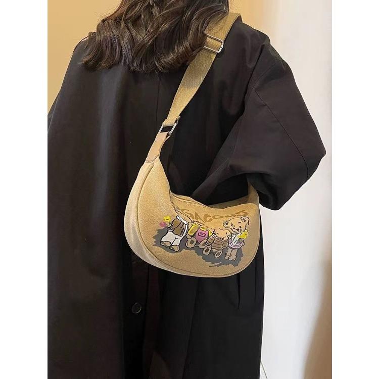 Shoulder Bag for Women Cartoon Bear Pattern Saddle Bag Fashionable Girl Canvas Dumpling Bag