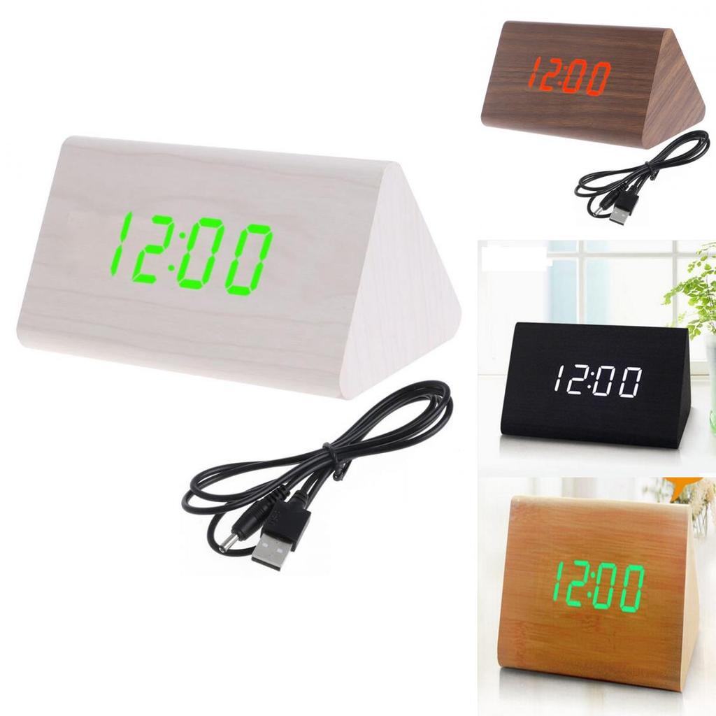 Sleek Wooden Voice Control Led Display Alarm Digital Triangular Desk Clock Thermometer