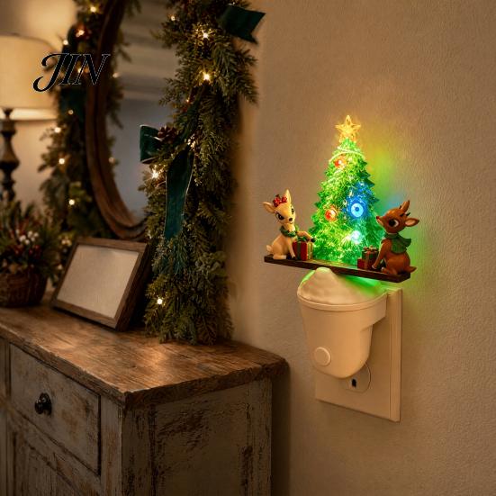 Small Space Night Light Christmas Plug-in LED Light, Resin Glowing Tree Lamp with Kids Reindeer Shaped Seesaw Design, Wall Decor for Bedroom Hallway,