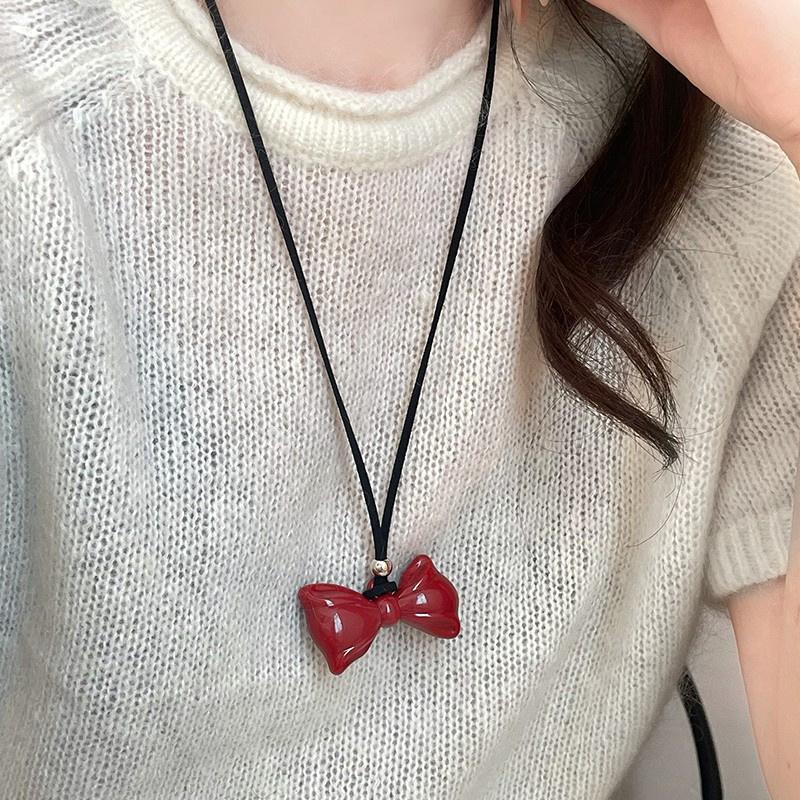 Simple Versatile Red Heart Bowknot Necklace For Women Girls Big Heart Pendant Necklaces Jewelry Accessories Gifts