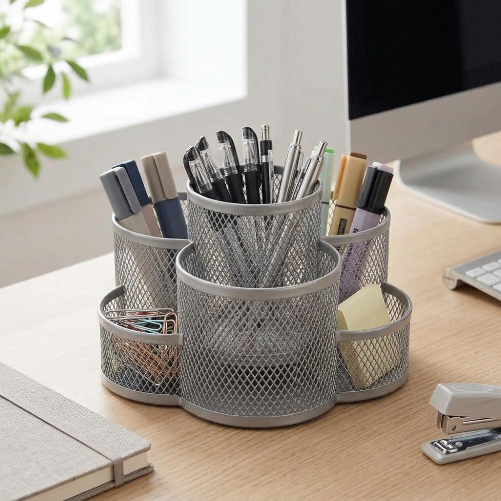 Silver Metal Makeup Brush Holder Multi Grid Desk Storage Bucket Craft Supplies Storage