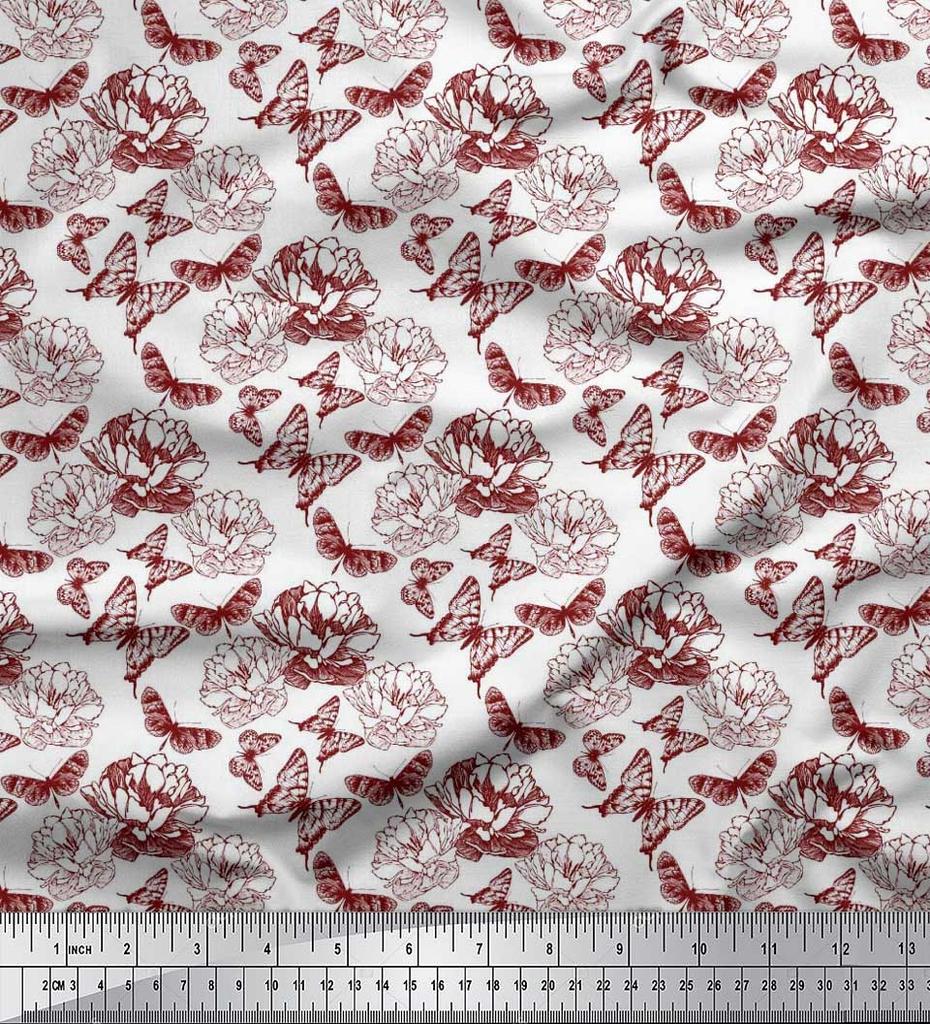 Soimoi Poly Crepe Fabric Butterfly & Peony Floral Printed Craft Fabric by the metre 42 Inch