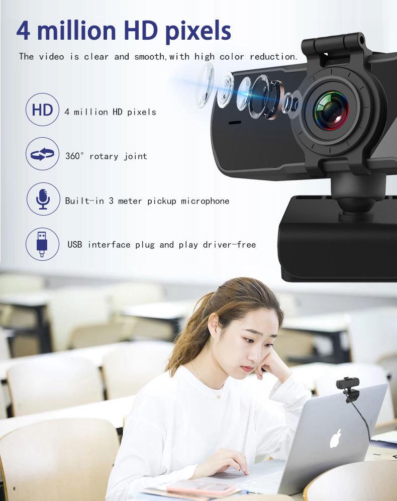 2K Ultra HD USB Webcam with Microphone for Online Classes & Live Streaming, Driver-Free, Noise Reduction, Rotating Autofocus