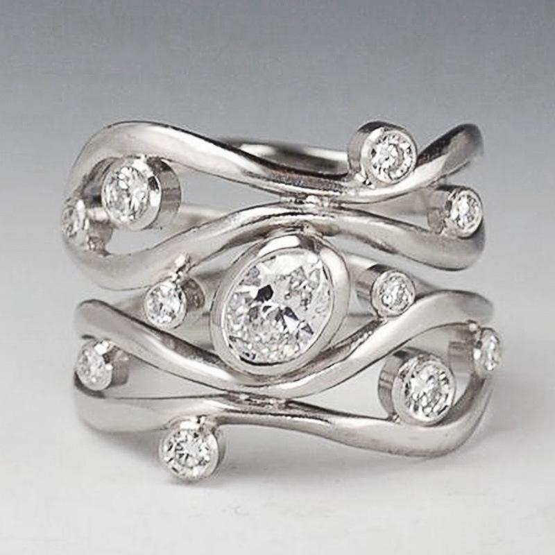 Fashionable European and American style, intricate wide-band creative geometric curve zirconium platinum-plated ring, unique trendy jewelry