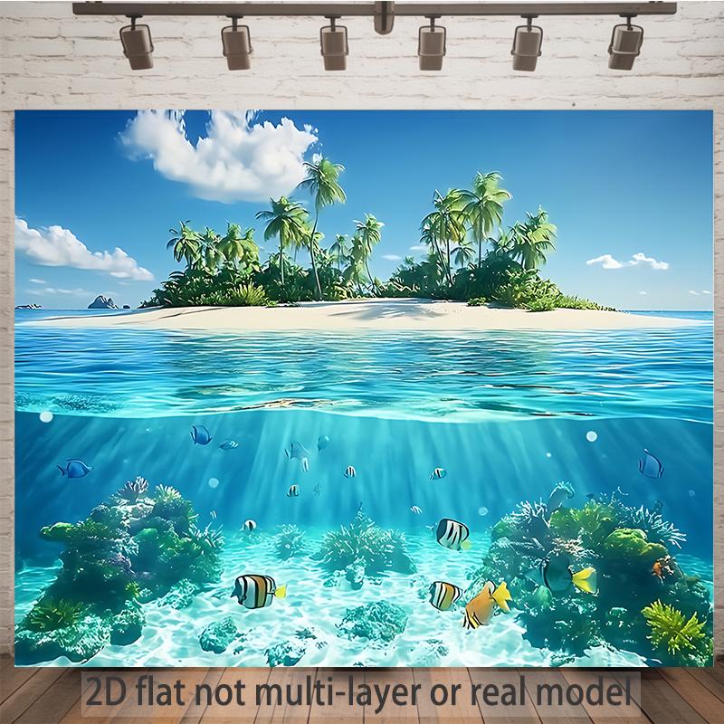 2D, 1 piece of underwater scene of a tropical island, with clear blue water and palm trees, suitable for all seasons.