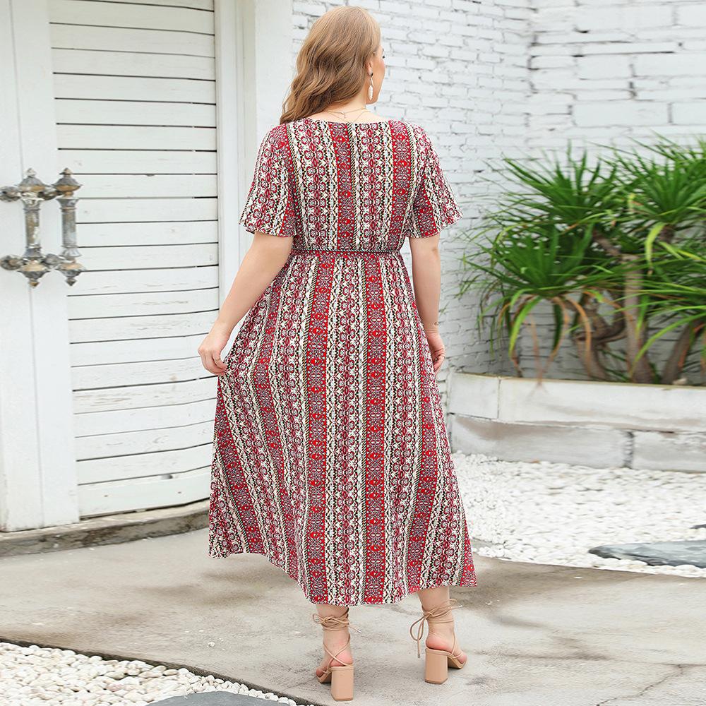 Summer Women's Dress Large Size Ethnic Style Striped Print Round Neck Short-sleeved Dress