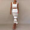 Комплект юбки из двух частей для женщин Полосатая облегающая юбка-миди с разрезом и комплект топа-кроп без рукавов Летний вязаный ажурный наряд
