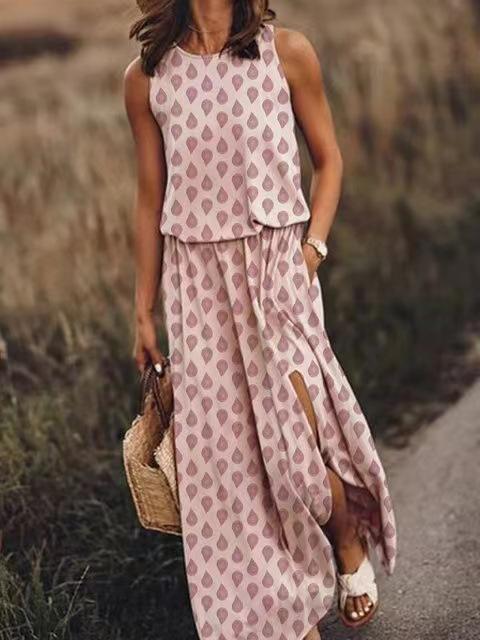 2025 summer new European and American women's clothing round neck sleeveless dress split-ended multi-color solid color long dress