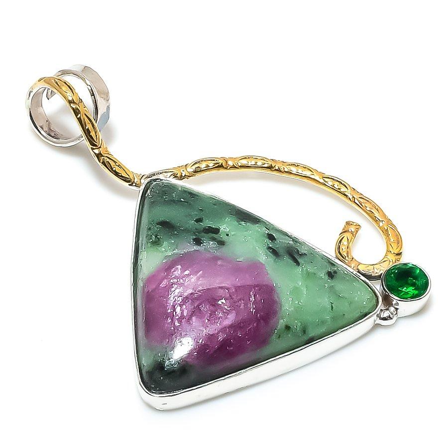 Рубин в цоизите, Диопсид Серебро 925 пробы Двухцветная подвеска 1,97" N7N45