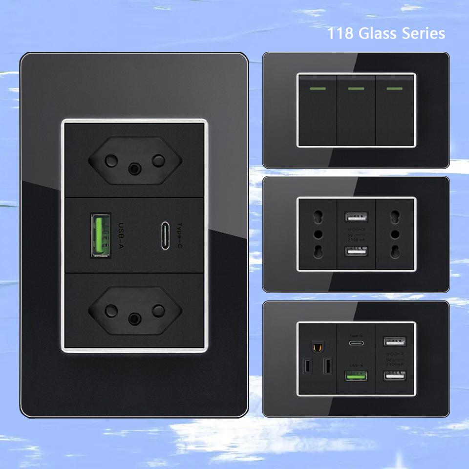 Brazil US Wall Light Switch Power Socket with USB Type-c 20W,Italy Chilean Fast Charging Tempered Glass Panel Universal Outlet