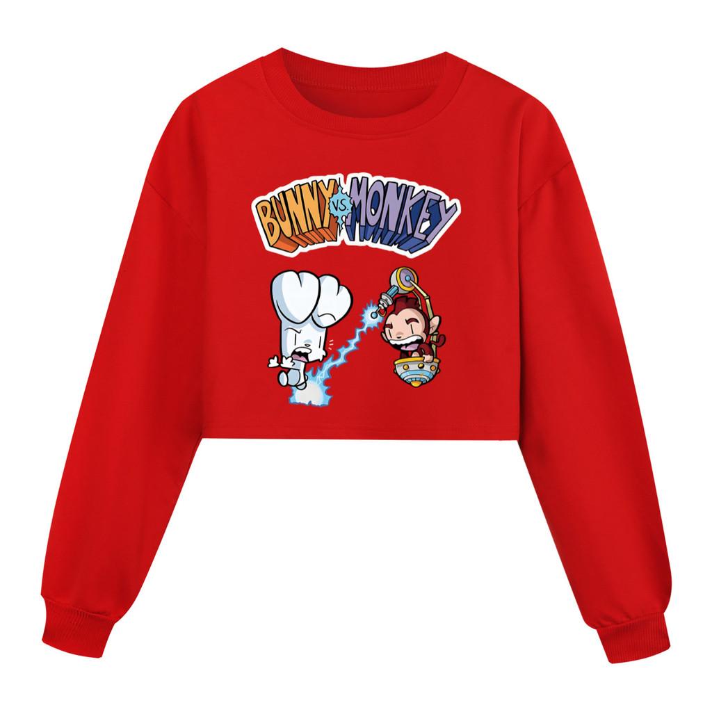 4187 Kids Girls Bunny Monkey Printed Casual Long Sleeves Short Style Sweatshirt
