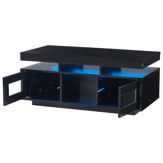 100x50x43cm Black High-Gloss Coffee Table, with LED Lights Controllable, Mobile App, Living Room Table with Cabinet, Sofa Table with Charging Port And