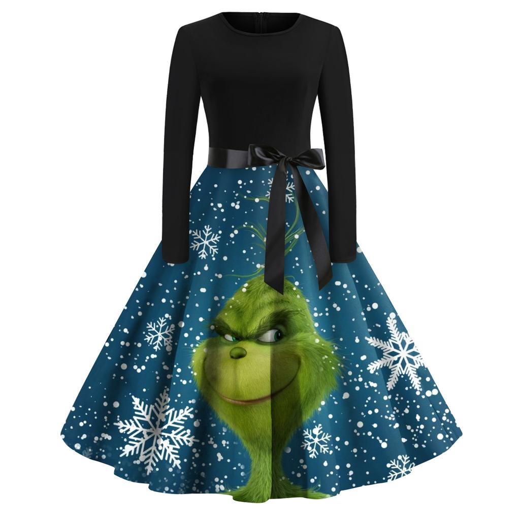 Женское рождественское расклешенное платье с принтом для женщин, платье с длинным рукавом, вечерние повседневные платья