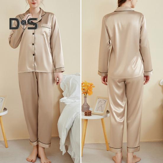 2 шт./комплект пижамный костюм атласный однобортный кардиган рубашка V-образный вырез воротник однотонная рубашка широкие свободные брюки ночная рубашка одежда для сна
