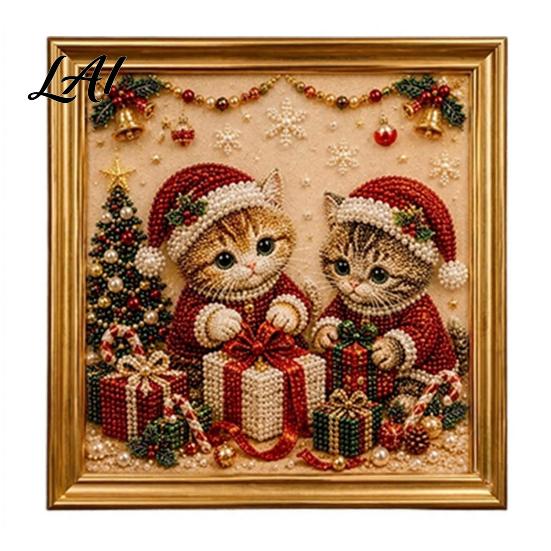 Relaxing Handmade Faux Pearl Sets Christmas Cat Art Kit with Frame Kitty Painting DIY Decorative Supplies Kit 3D Bead Wall Craft for Adults