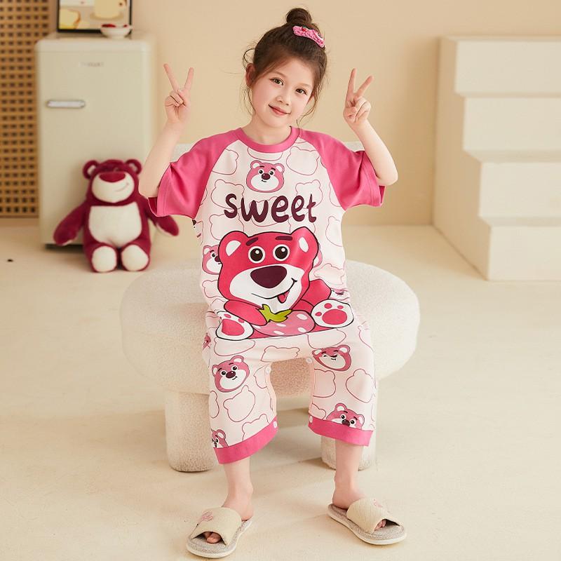 Girls Cotton Pajama Set Short Sleeve Cartoon Sleepwear Kids 8-14 Years Soft Breathable One-Piece Nightgown