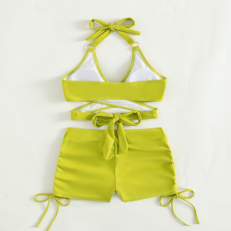 Разноцветный купальник-бикини кросс-халтер 2024 с шортами с плоским вырезом для женщин