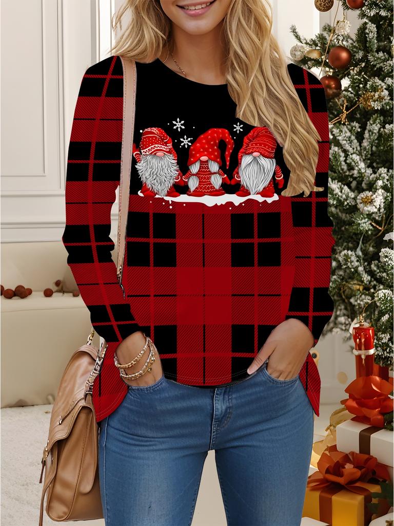 Tops for Women 3D Christmas Print Round Neck Long Sleeve T-shirt Fall Casual Slim Pullover Women's Long Sleeve Top