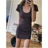 Летнее платье с коротким рукавом и U-образным вырезом для женщин, новое модное элегантное повседневное облегающее платье с высокой талией, женское однотонное простое короткое платье для вечеринки 3595