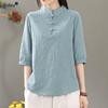 Однотонные в китайском стиле свободные новые женские вещи с рукавом до локтя, на пуговицах, со стойкой, тонкие летние, простые, удобные футболки