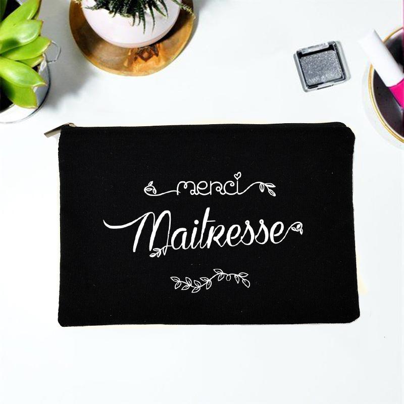 Teacher Superpower French Letter Print Women Cosmetic Bag Canvas Zipper Makeup Pouch Purse Organizer Pencil Bags Toiletry Bag