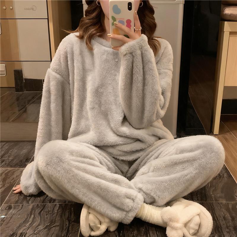 Winter Fleece Women Pajamas Set Sleepwear Solid Velvet 2 Piece Pant Home Suit Fluffy Casual Warm Flannel Night Wear