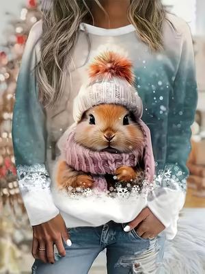 Футболка большого размера с животным принтом, повседневный топ с круглым вырезом и длинным рукавом для весны и осени, женская одежда большого размера