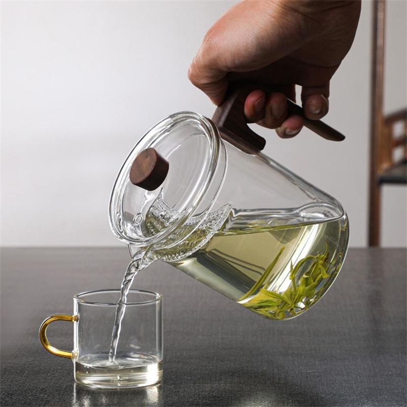 Термостойкий стеклянный чайник для зеленого чая с ароматизированным фильтром в форме полумесяца, деревянный чайник для заваривания чая Hanle, стеклянная посуда