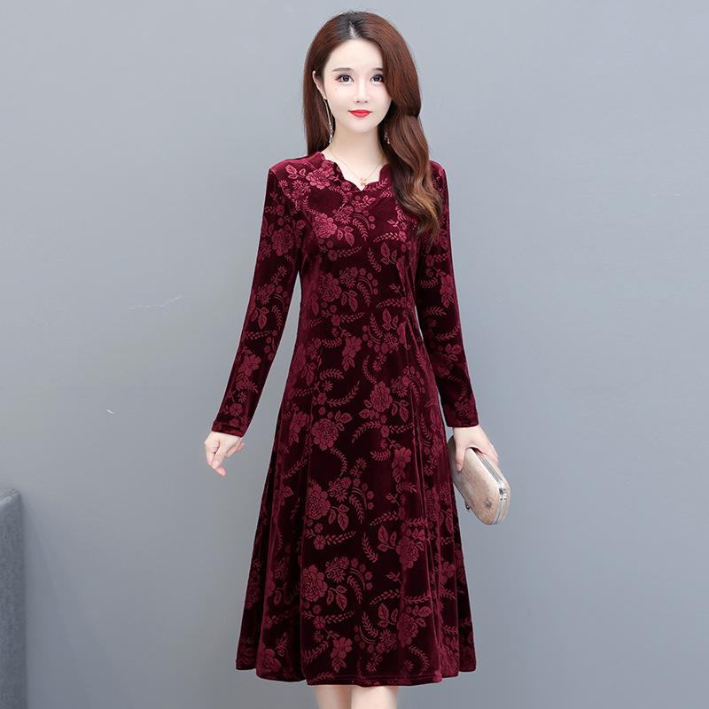 Осеннее бархатное платье для мамы больших размеров, тонкое платье средней длины с длинными рукавами для женщин среднего и пожилого возраста