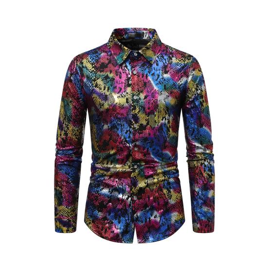 Мужская клубная рубашка с принтом под змеиную кожу, отложным воротником, облегающая рубашка на пуговицах с длинным рукавом, одежда для выступлений в ночном клубе