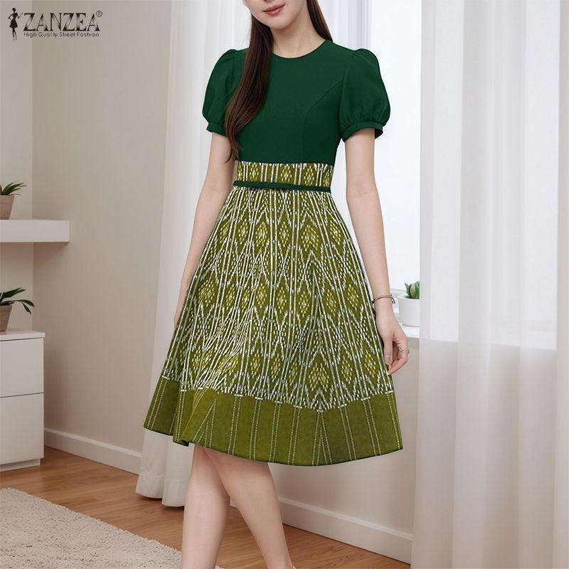 ZANZEA Женское повседневное летнее платье с круглым вырезом и коротким рукавом с принтом