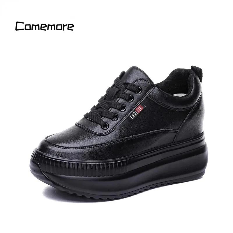 Platform Wedge Female Women 8CM Heels Sneakers Chunky Spring Autumn Shoe Women’s Genuine Leather Casual Black Shoes