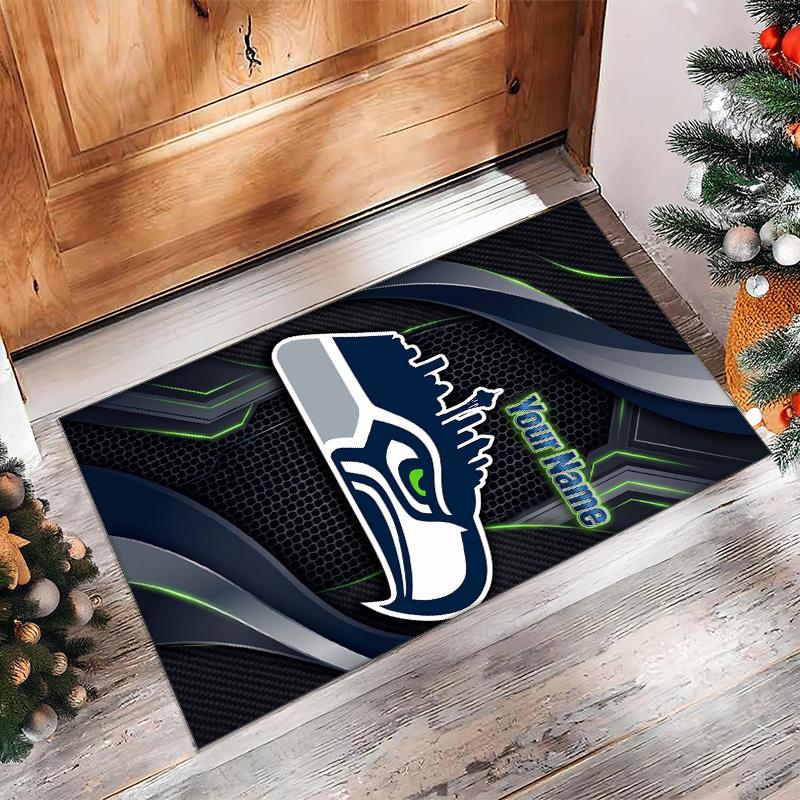 Seattle Seahawks Crystal Velvet Rug, Custom Name Text Personalized Non‑Slip Floor Mat for Home Decor Gift