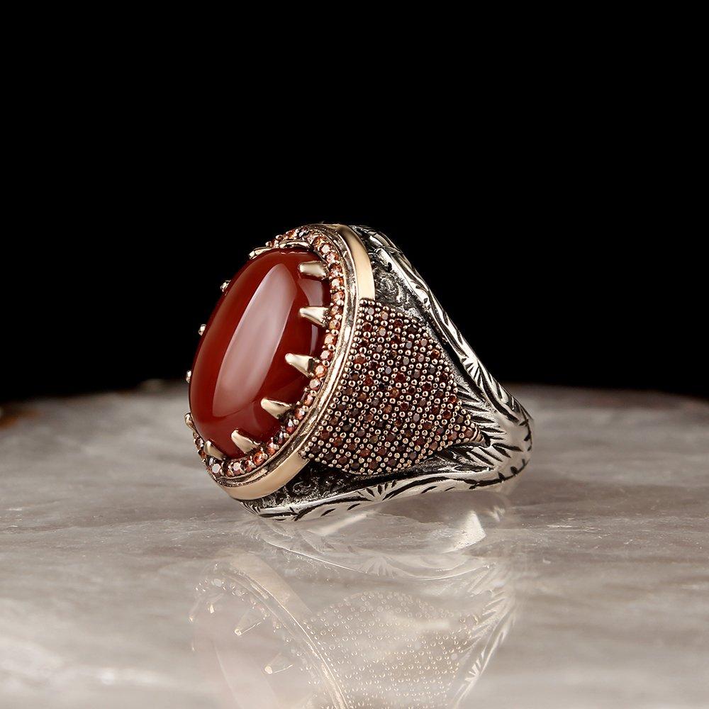 Akik Taşlı Kalem İşçilikli 925 Ayar Gümüş Yüzük