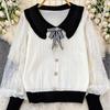 A Gentle and Youthful Style of A Socialite with A Bow and A Baby Collar Knitted Sweater for Women's Autumn and Winter, Featuring A Patchwork Lace Top
