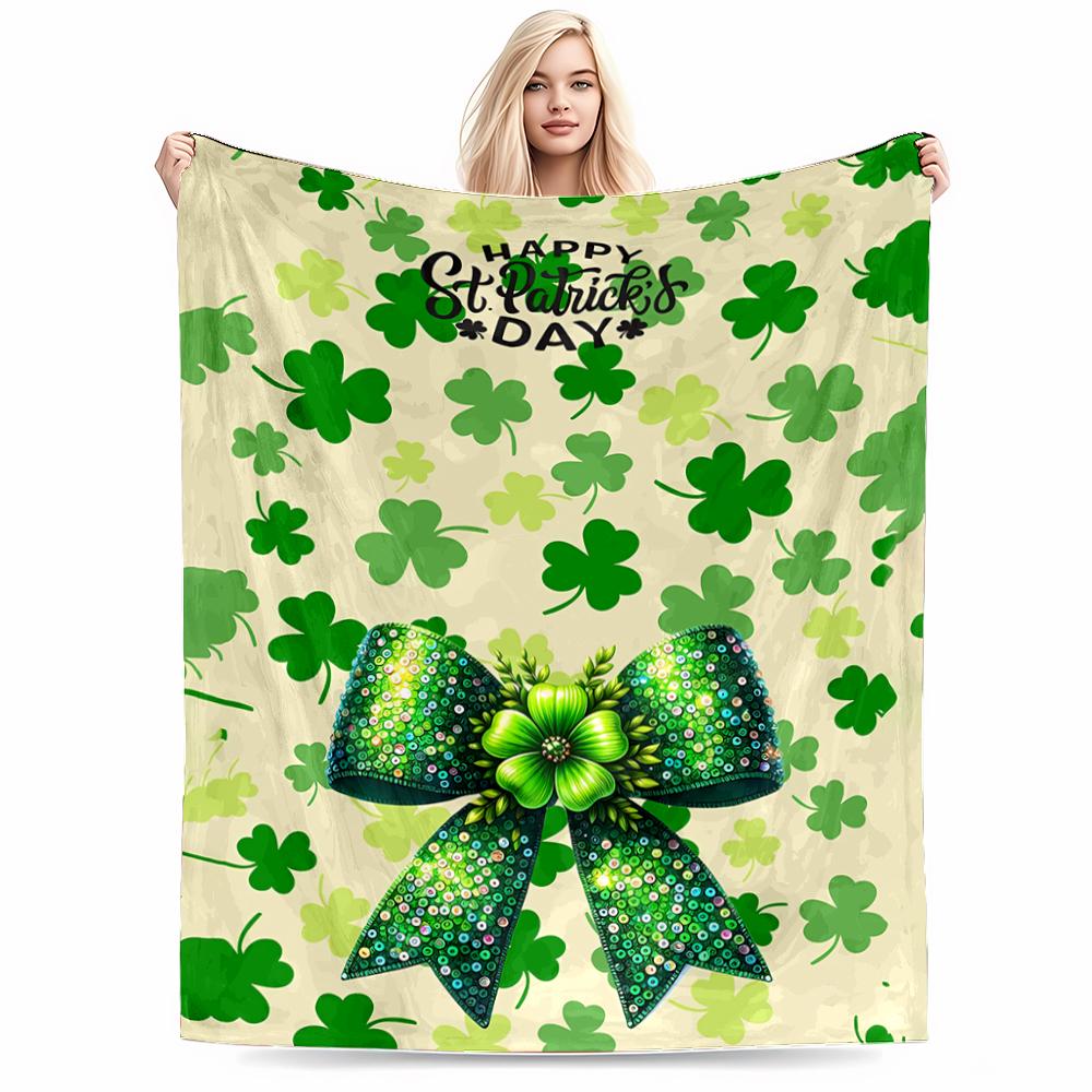 St. Patrick's Day Clover blanket with Green Glitter Bow Design blanket, suitable for use in the bedroom, living room, on the sofa