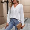 Spring and Autumn Solid Colour Women's Blouse V-neck Long Sleeve Top