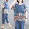 5XL Летние женские джинсовые комплекты весна-лето с принтом и строчкой Модные женские комплекты из тонкого денима укороченные брюки для мам из 2 предметов